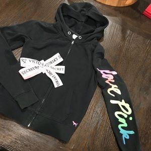 Pink Black zip up hoodie “love pink” on sleeve
